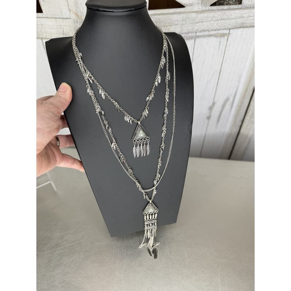 Silvertone Layered Leaf Feather Pendant Chain Tribal Necklace Boho Hippie